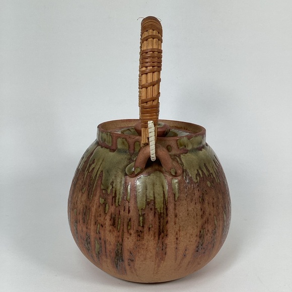 Vintage Earthenware Teapot With Rattan Handle, Glaze Drip EUC - Picture 2 of 13